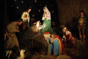 A nativity scene with Mary, Joseph, wise men, shepherds, and our Savior in a manger