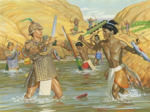Nephites fighting with armor against Lamanites fighting without