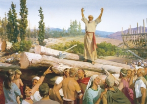 An image of Noah building the Ark and preaching to the people